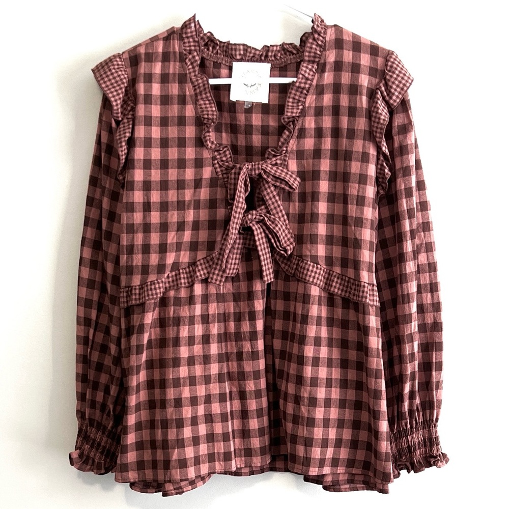 Fantastic Fawn Gingham Bow Front Long Sleeve Ruffle Blouse